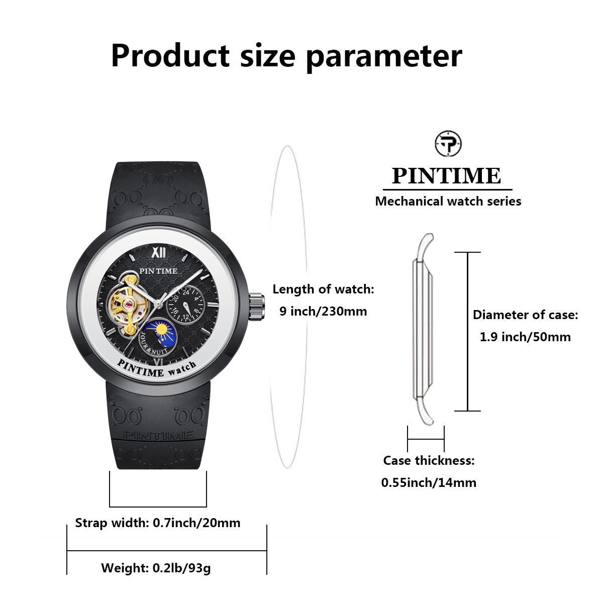 PINTIME PT2980 size guide showing 50mm case diameter, 14mm case thickness, 20mm strap width and 230mm total length