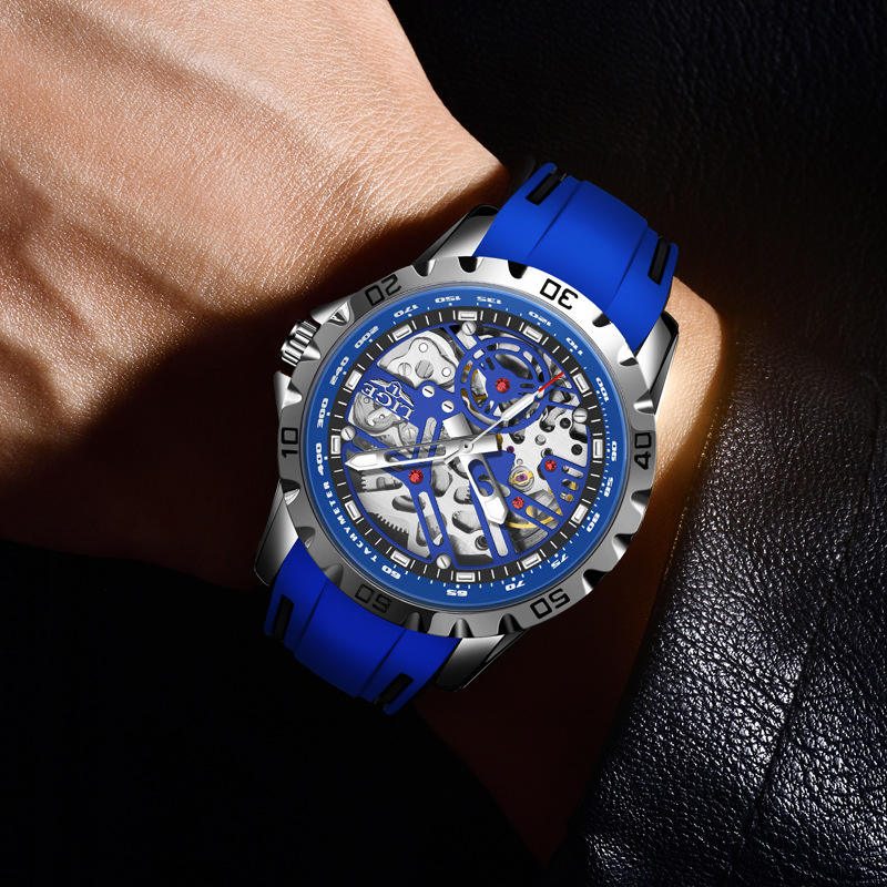 LIGE 89118 Silver / Blue skeleton automatic watch worn on wrist
