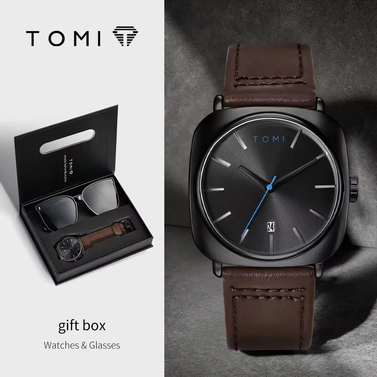 TOMI T084 black case black dial watch and sunglasses gift set