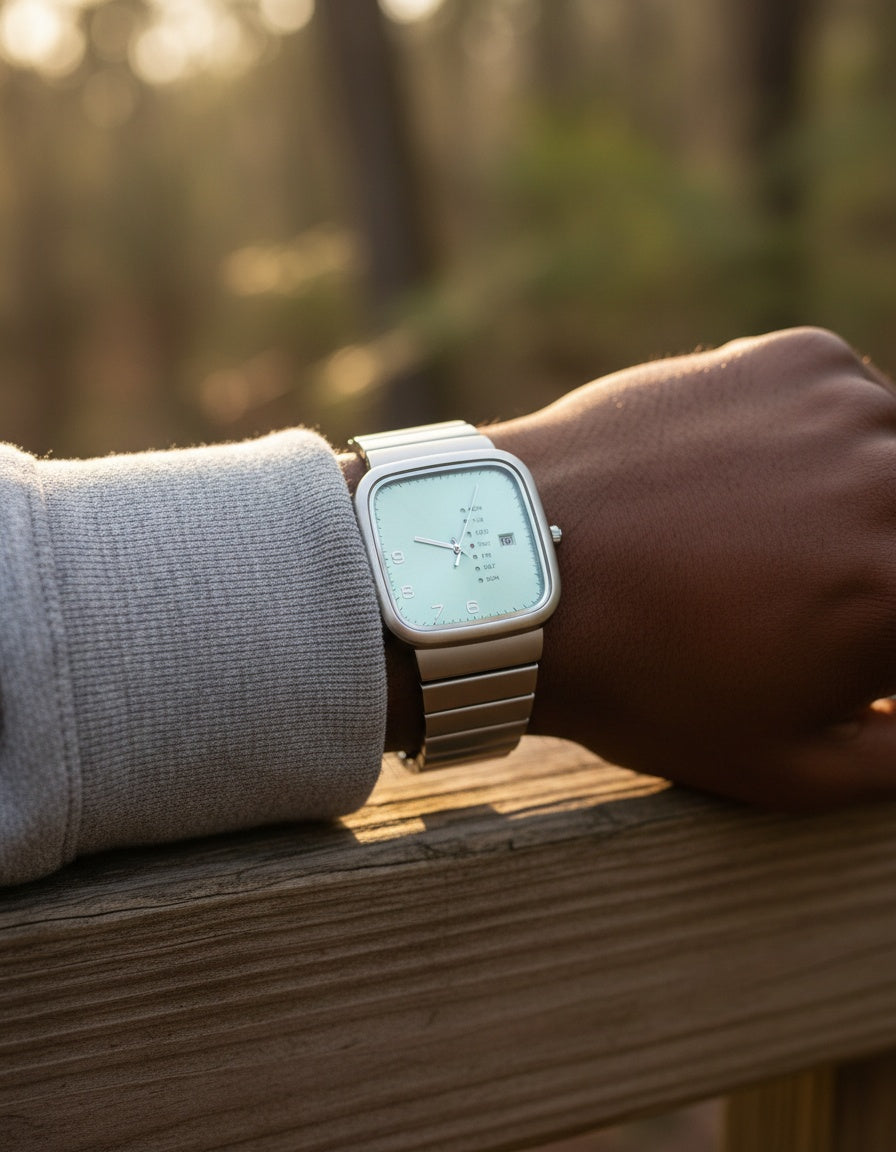 CILOA Square Silver Luxury Quartz Watch worn on wrist