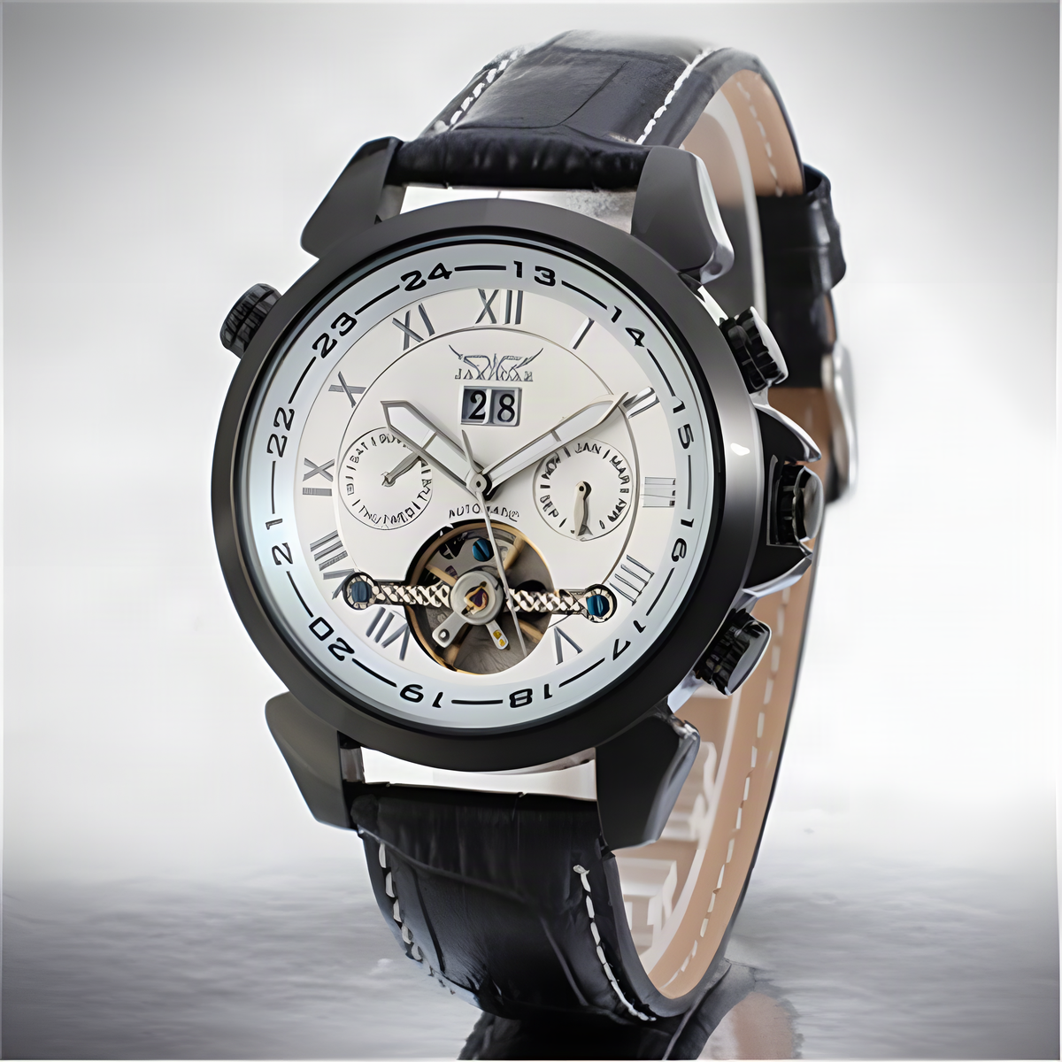 JARAGAR automatic open-heart watch, white dial and gunmetal case