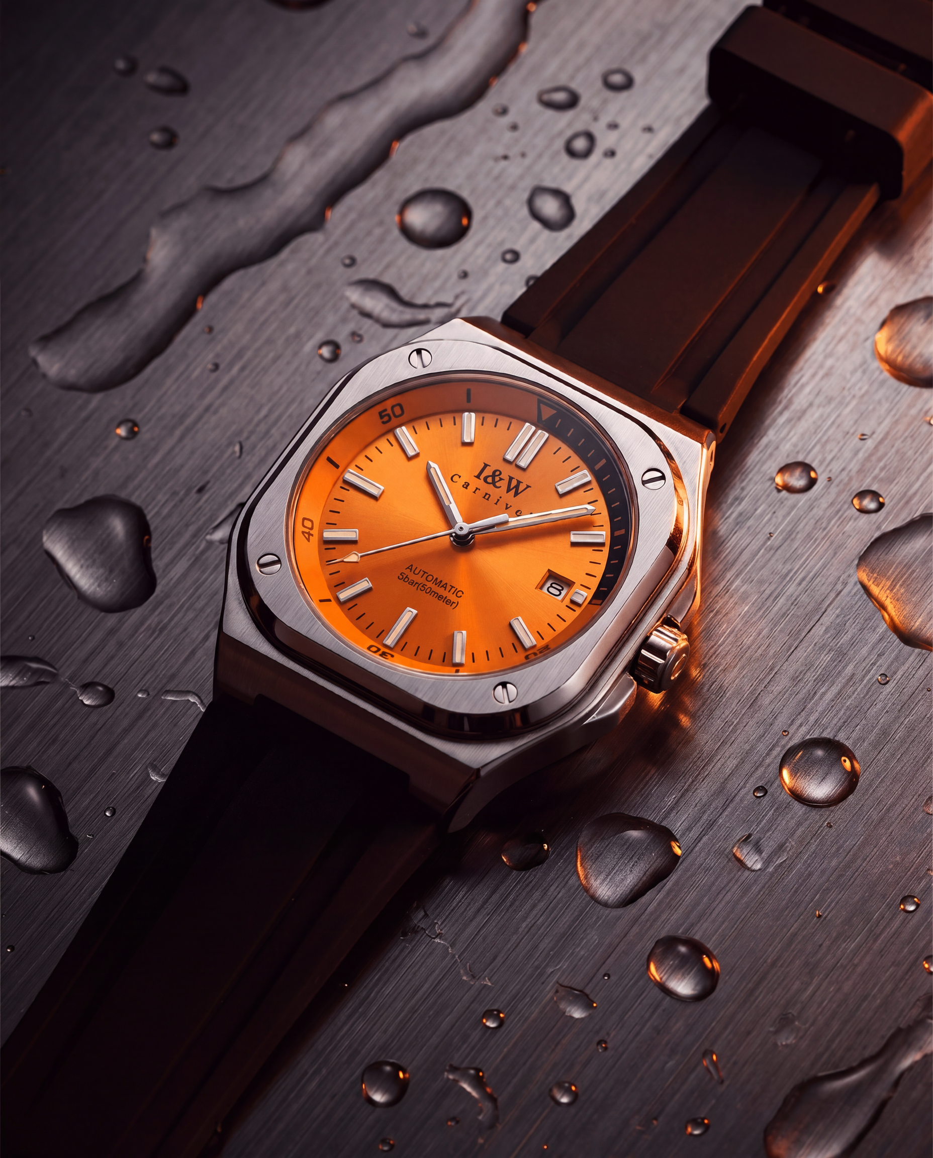 Carnival Square Automatic orange on wet wood with water droplets