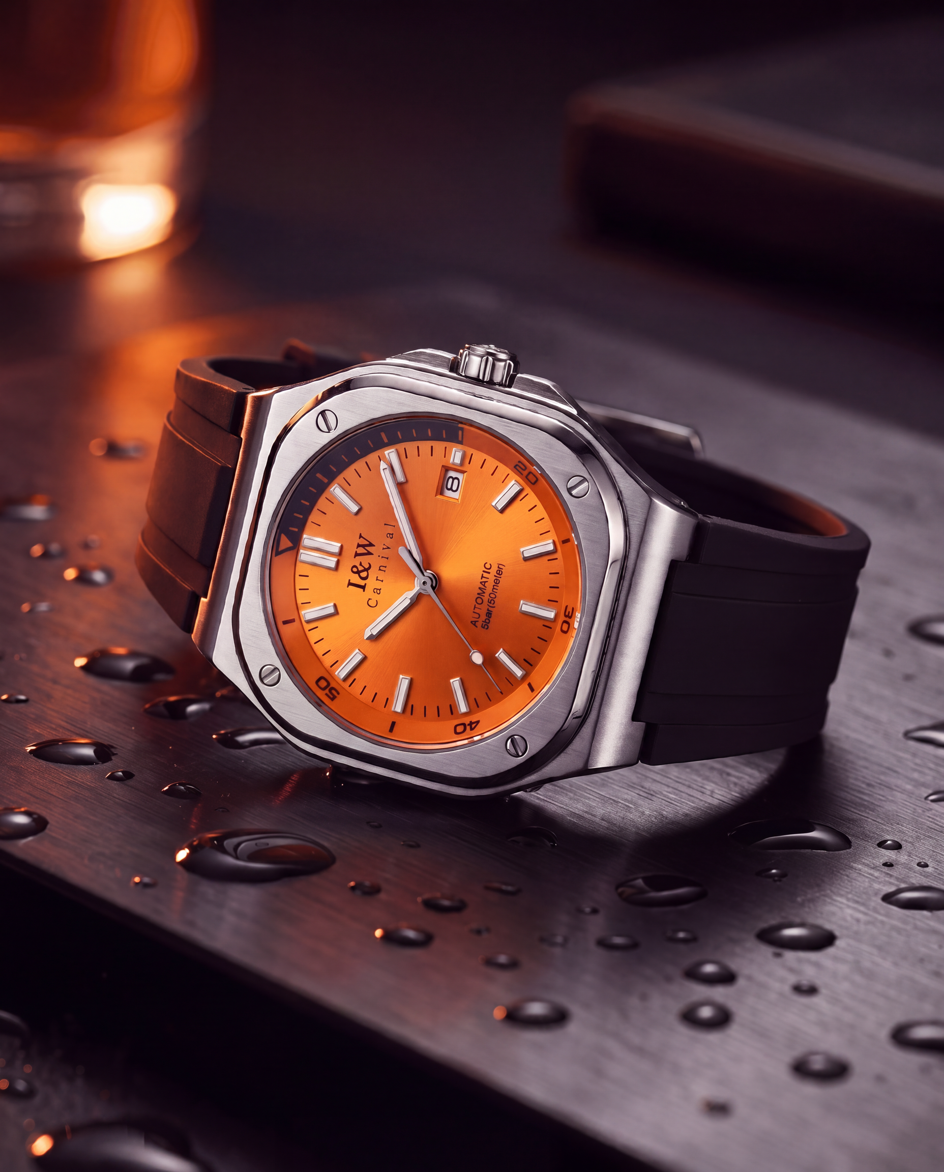 Carnival Square Automatic orange lifestyle on wet table