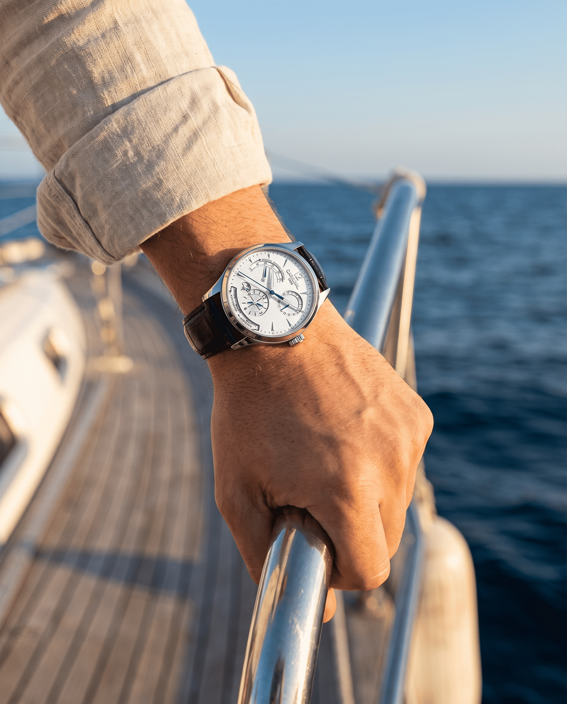 Carnival Day-Date Automatic — outdoors on boat deck, 100M water resistant