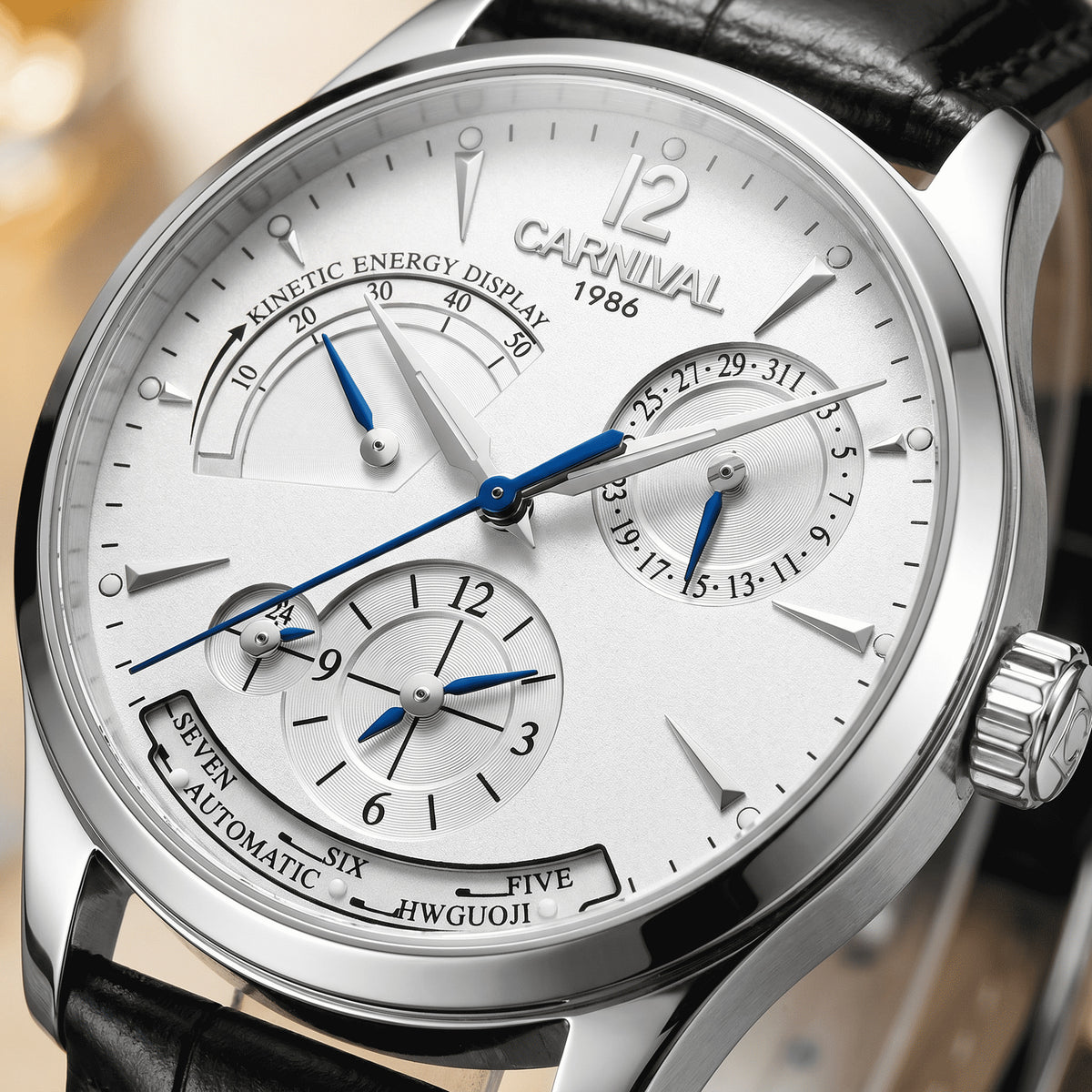 Carnival Day-Date Automatic — white dial macro with day-date display