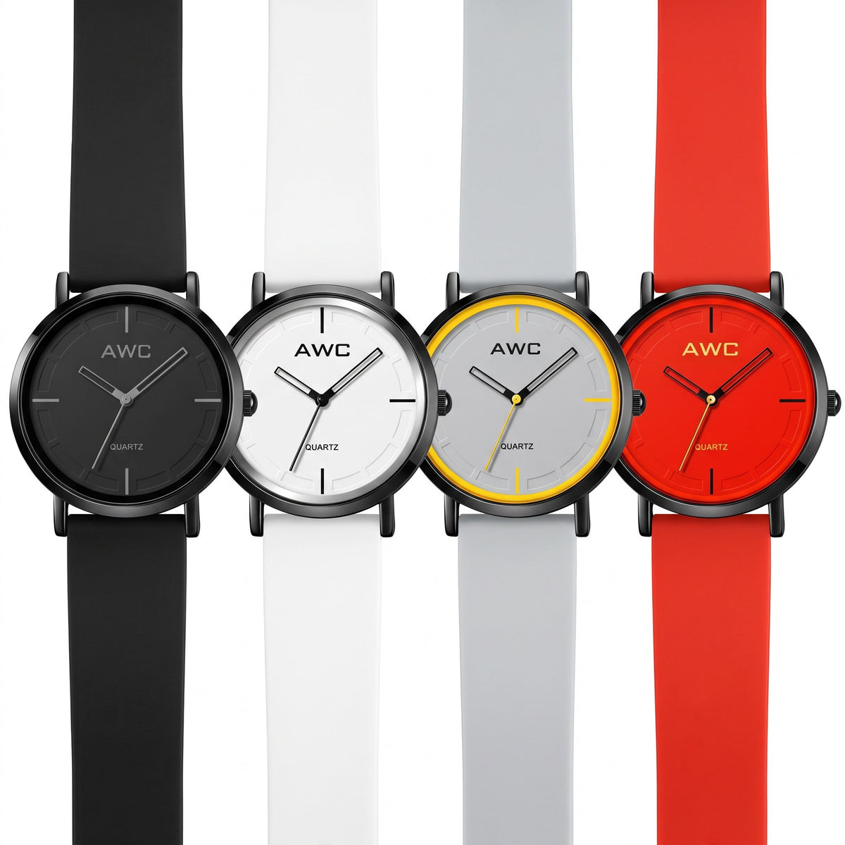 AWC Minimalist Quartz Full Set of 4 bundle: black, white, grey with yellow ring, and red dial watches in a row on white