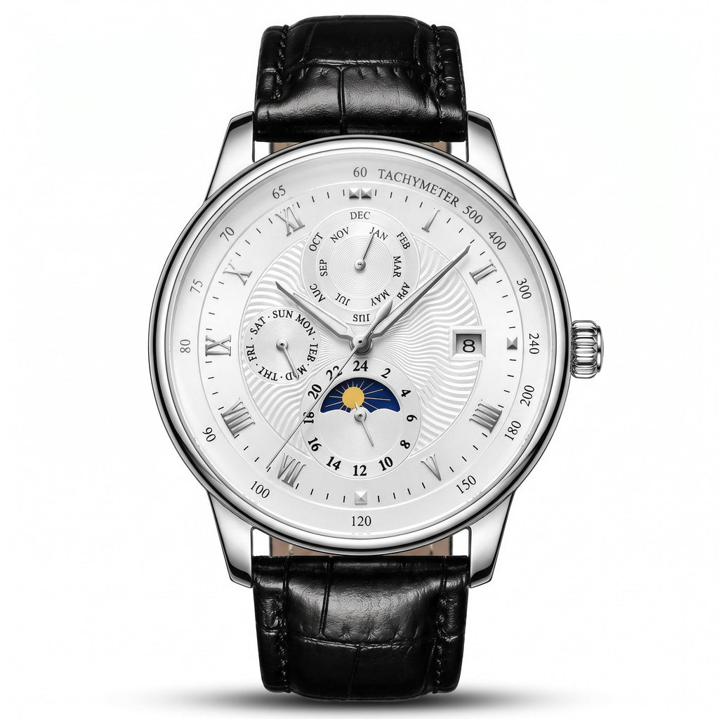 TEVISE 867A silver-white automatic multi-display watch, straight-on front view, black leather strap, on white