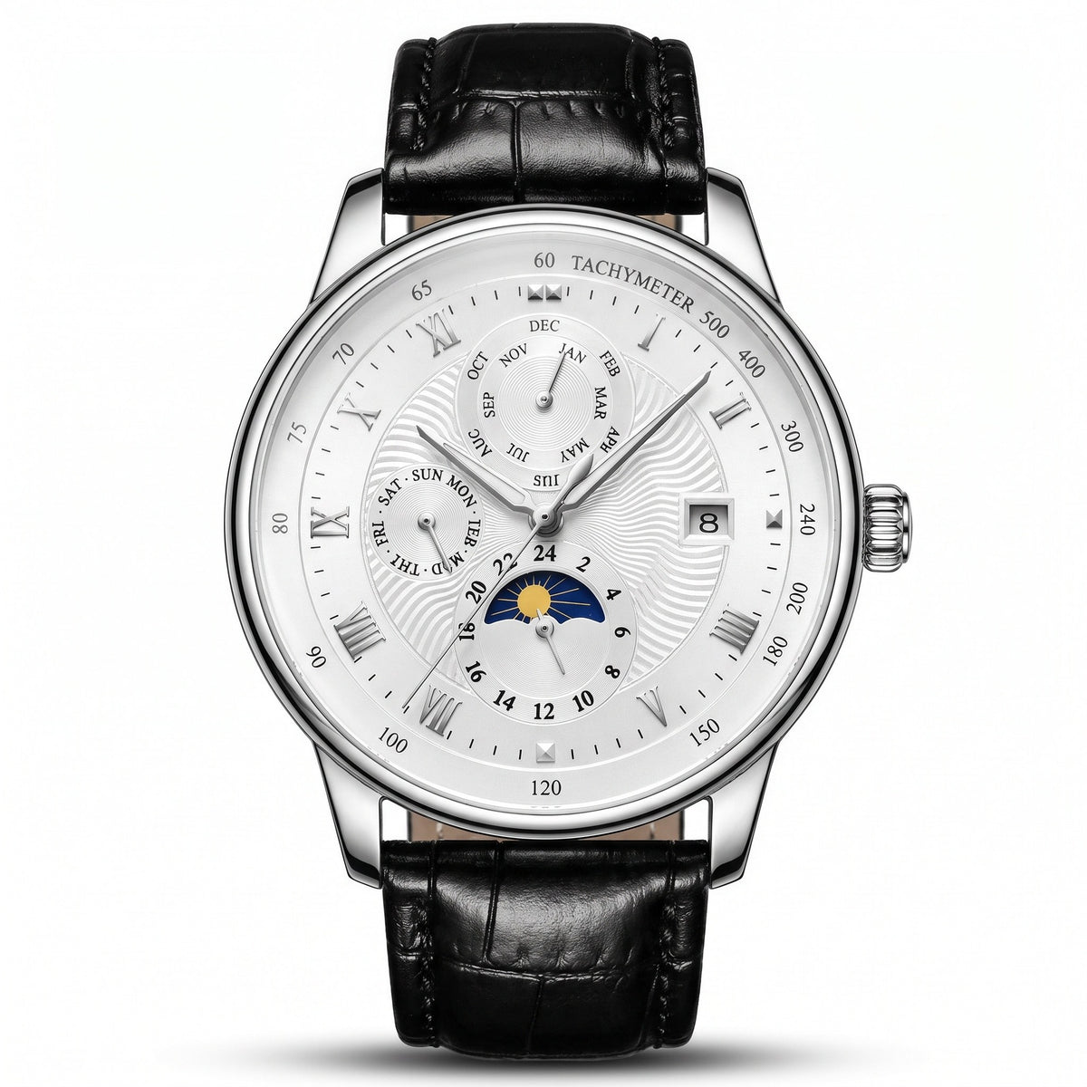 TEVISE 867A silver-white automatic multi-display watch, straight-on front view, black leather strap, on white
