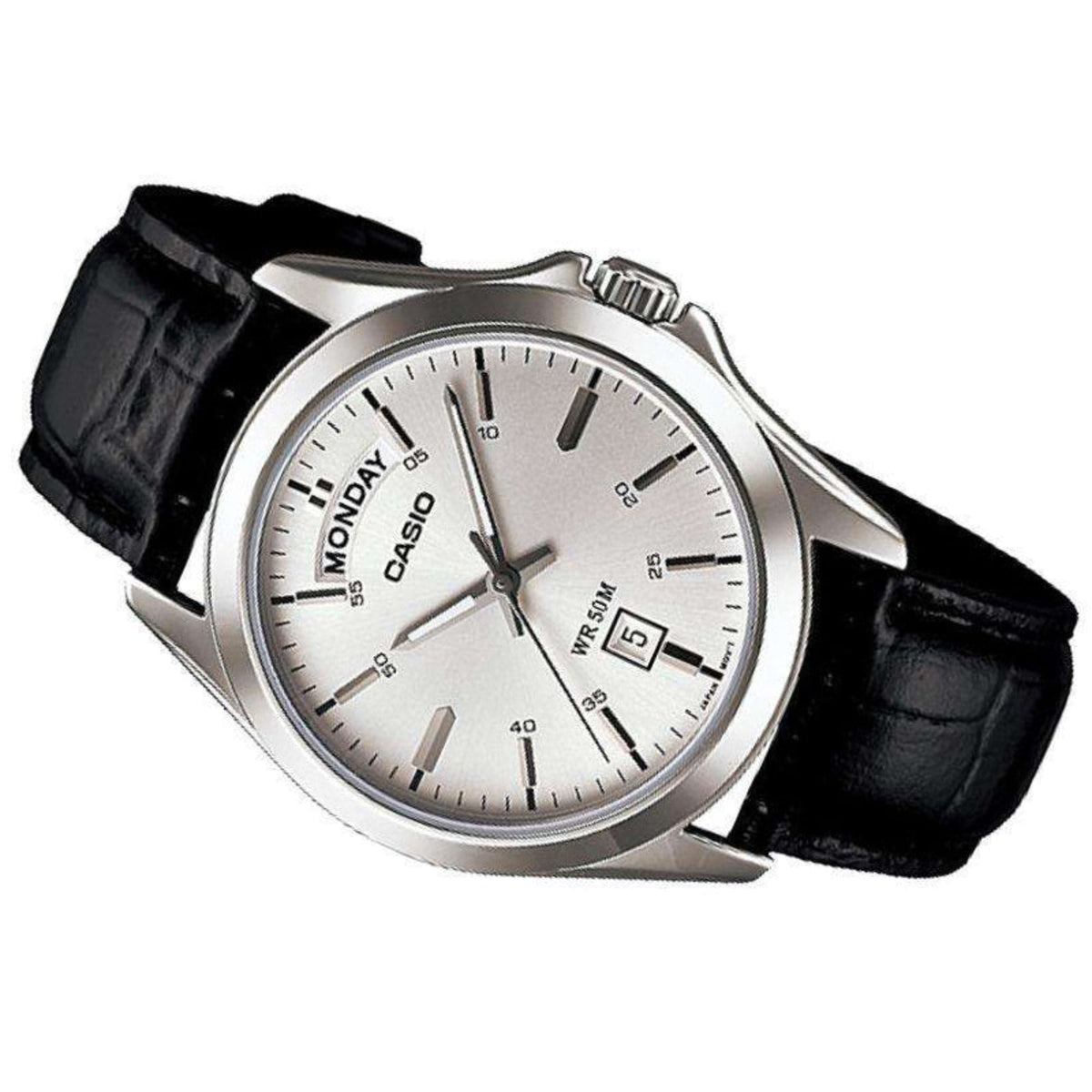 Casio MTP-1370L-7A three-quarter angle, silver dial with day and date on black leather strap