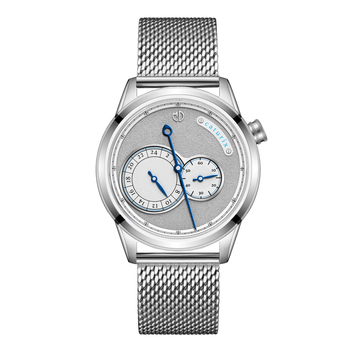 MD Watches Supernatural Caturix, grey frosted dial, on stainless steel Milanese mesh bracelet