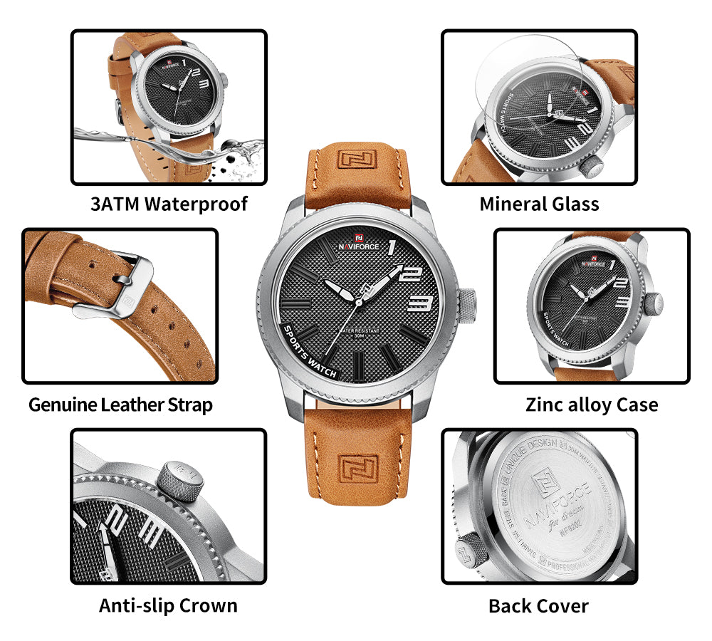 NAVIFORCE NF9202L detail views: leather strap, mineral glass, anti-slip crown and back cover