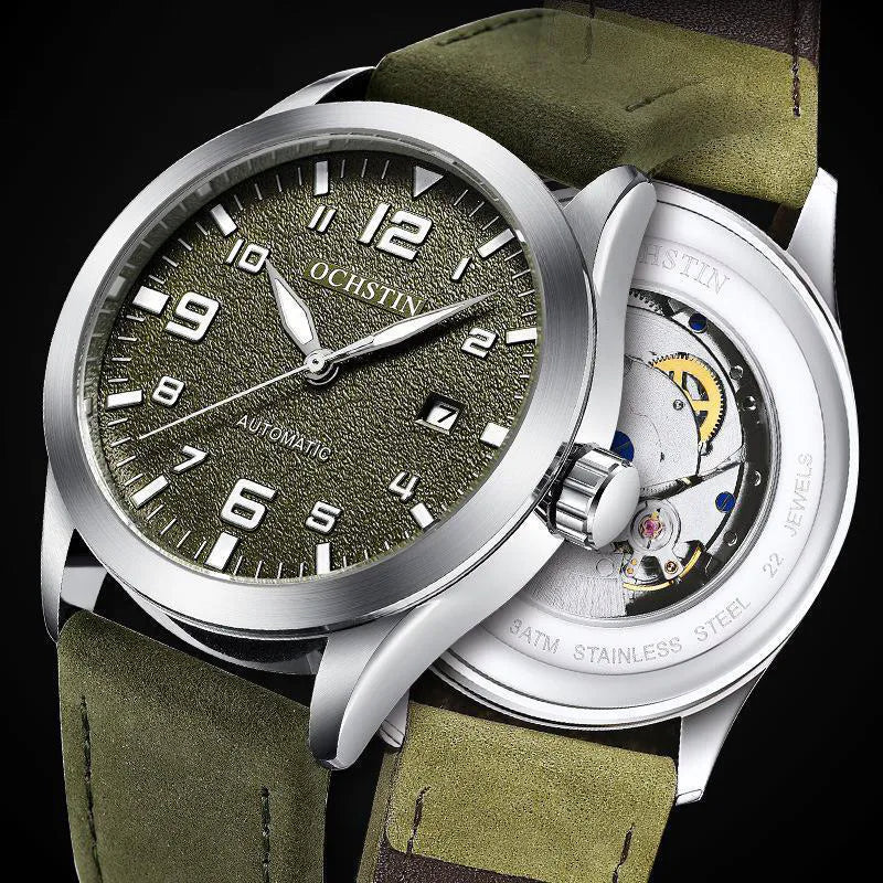 OCHSTIN 62028 green dial automatic, front and exhibition caseback showing the 22-jewel movement
