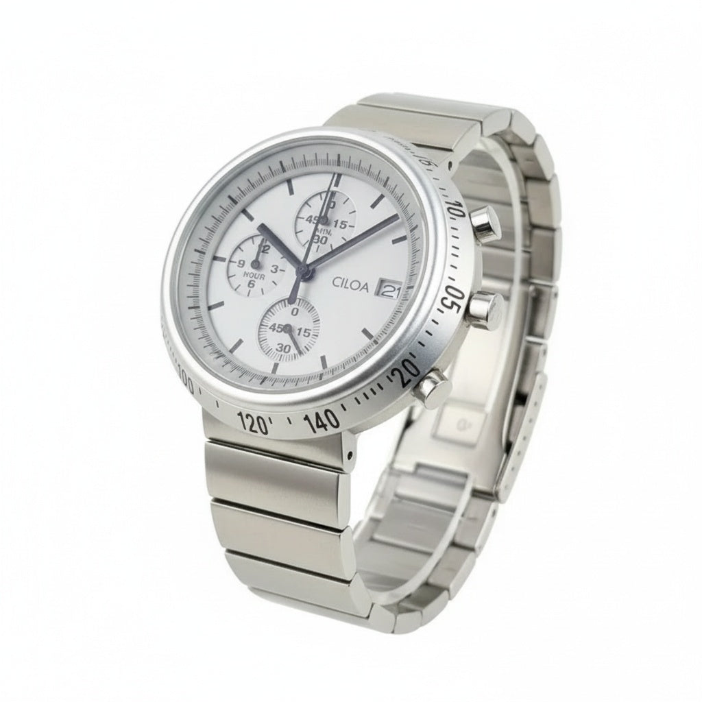 CILOA Large Dial Round Multifunction Quartz Watch, three-quarter angle