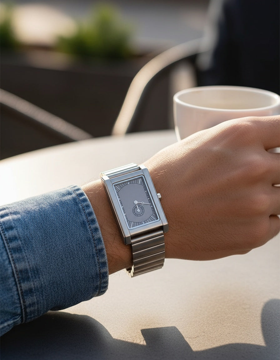 CILOA Gray Square Stainless Steel Quartz Watch worn on wrist
