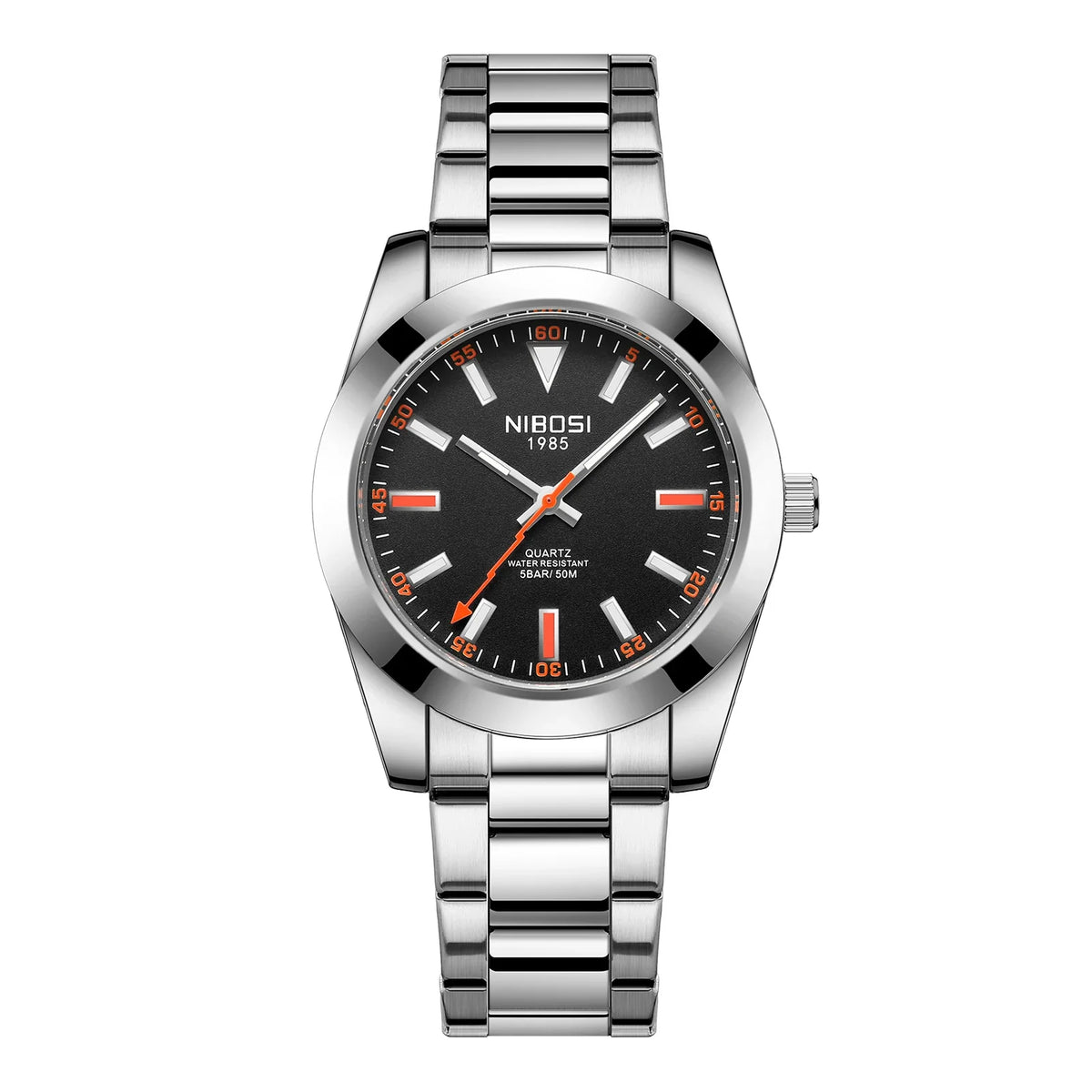 NIBOSI 2699 black dial, orange markers and steel bracelet, front view