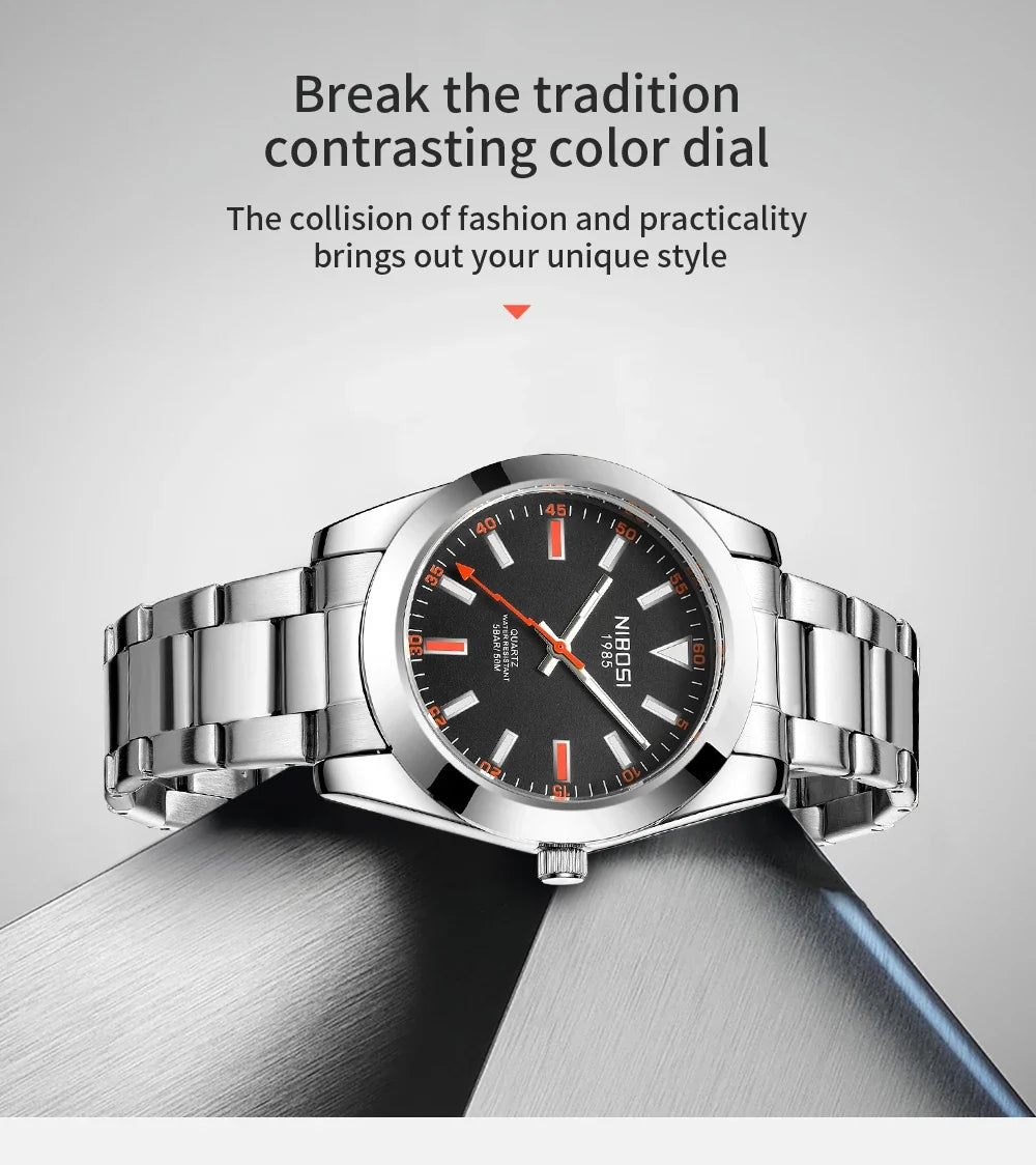 NIBOSI 2699 black dial with orange accents, three-quarter angle on steel bracelet