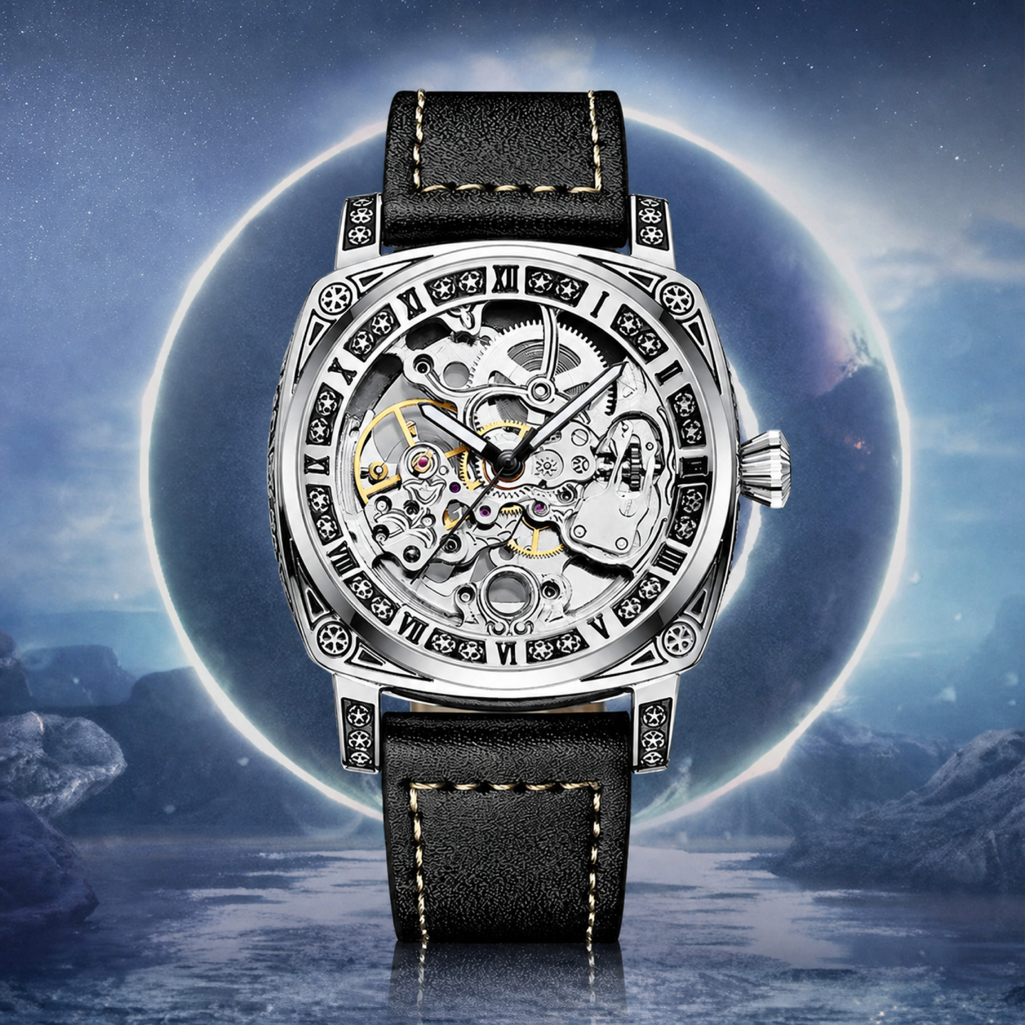 TEVISE T894 skeleton watch against a galaxy background