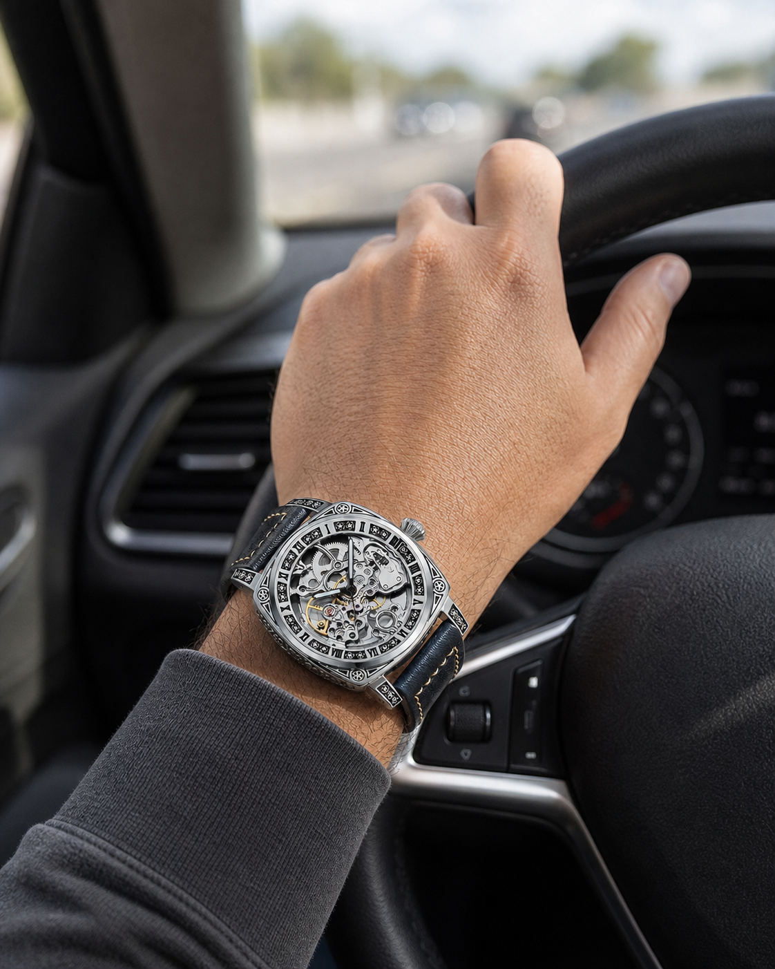 TEVISE T894 skeleton watch worn while driving