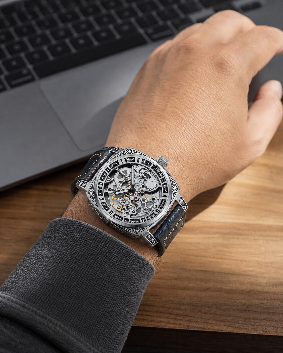 TEVISE T894 skeleton watch worn at a laptop