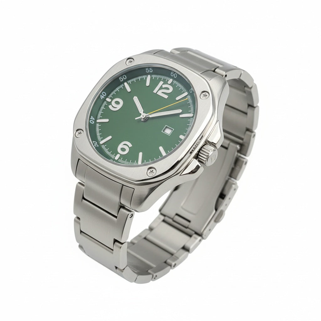 CILOA Round Calendar Quartz Watch, three-quarter angle