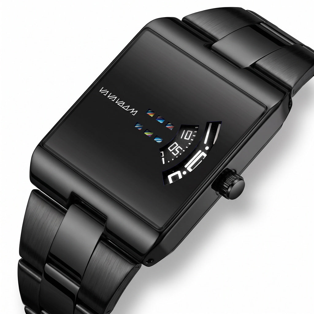 VA VA VOOM 2693 Rectangle watch in black, high three-quarter view showing the arc display, case side and crown