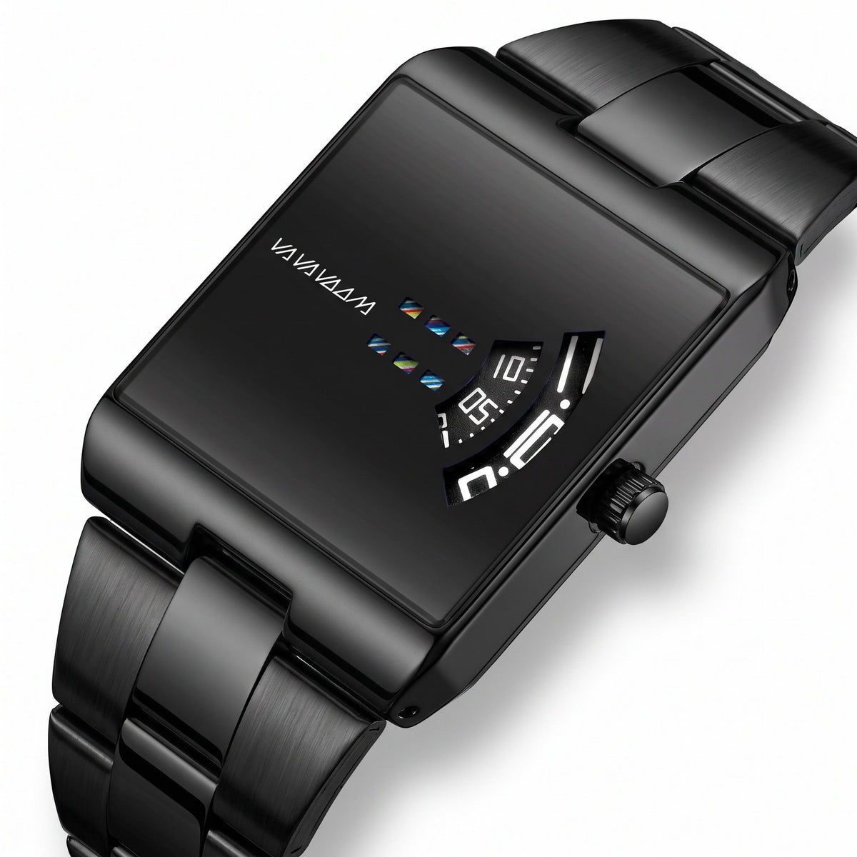 VA VA VOOM 2693 Rectangle watch in black, high three-quarter view showing the arc display, case side and crown
