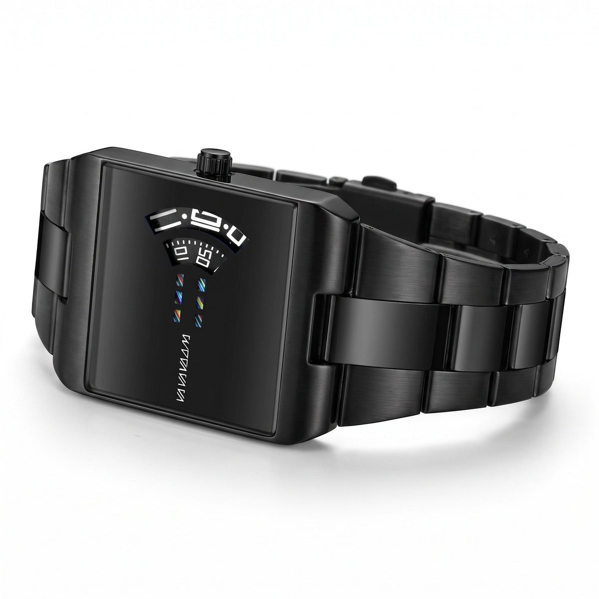 VA VA VOOM 2693 Rectangle watch in black, low side view showing case thickness and crown