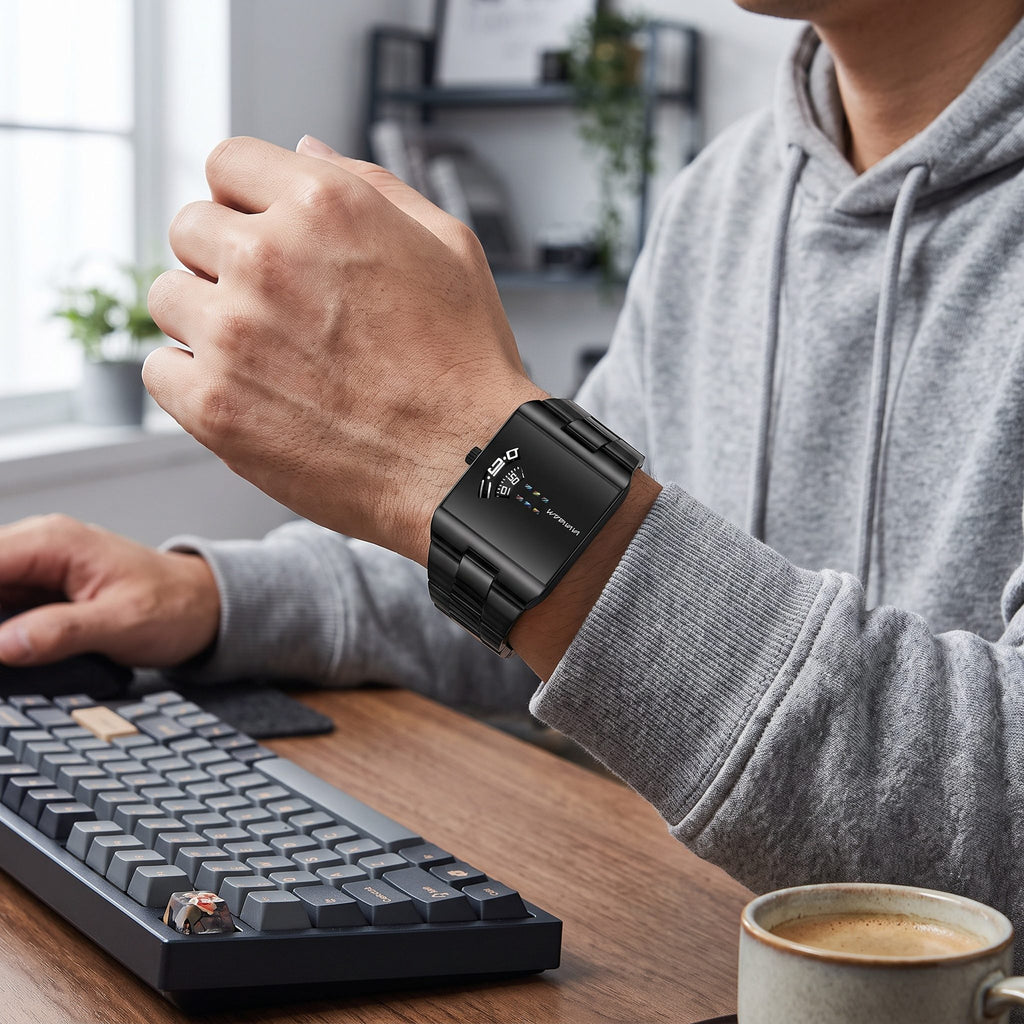 VA VA VOOM 2693 Rectangle watch in black worn on the wrist at a desk with a keyboard and coffee
