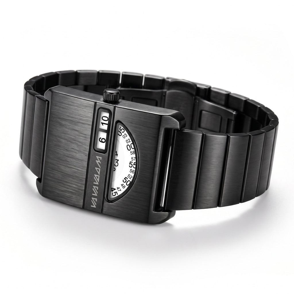 VA VA VOOM No-Hands Square watch in black, low side view showing case thickness and crown