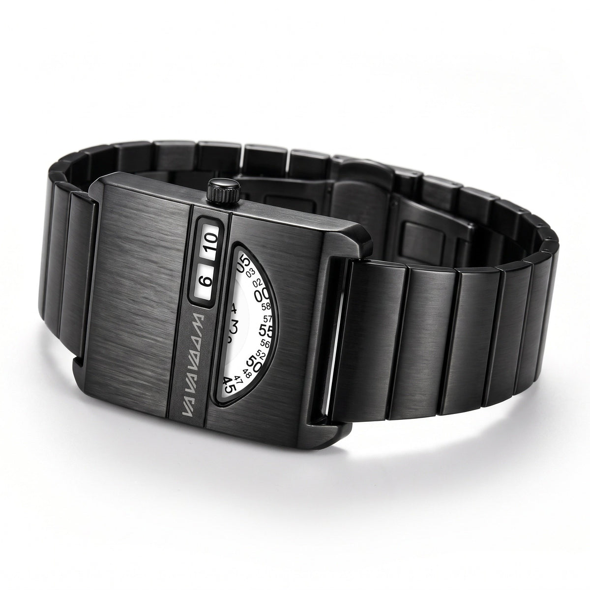 VA VA VOOM No-Hands Square watch in black, low side view showing case thickness and crown