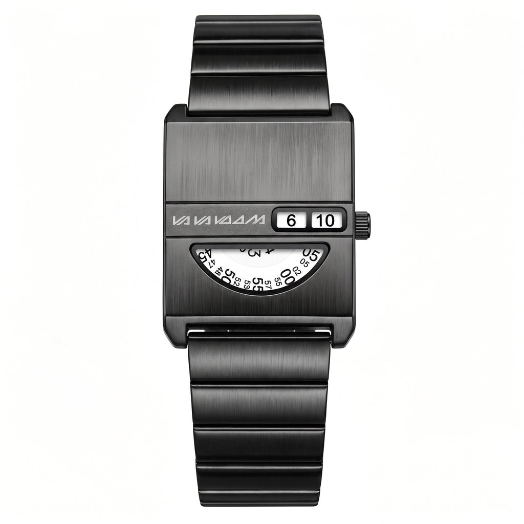 VA VA VOOM No-Hands Square watch in black, front view on white showing the digit window and numbered disc