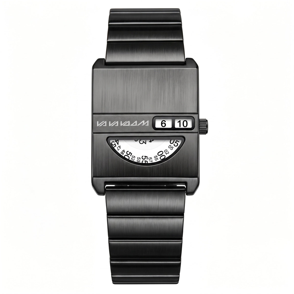 VA VA VOOM No-Hands Square watch in black, front view on white showing the digit window and numbered disc