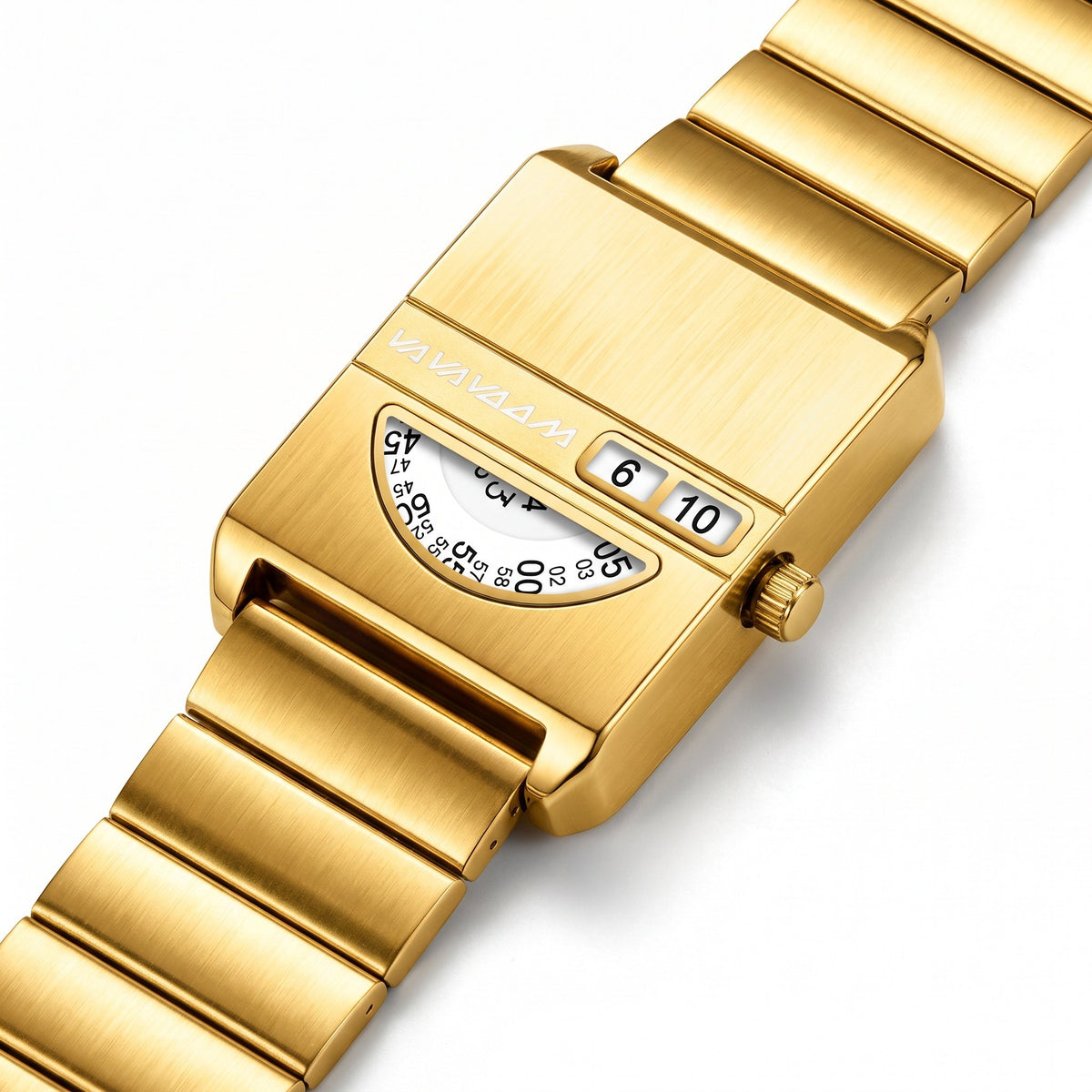 VA VA VOOM No-Hands Square watch in gold, high three-quarter view showing the display, case side and crown