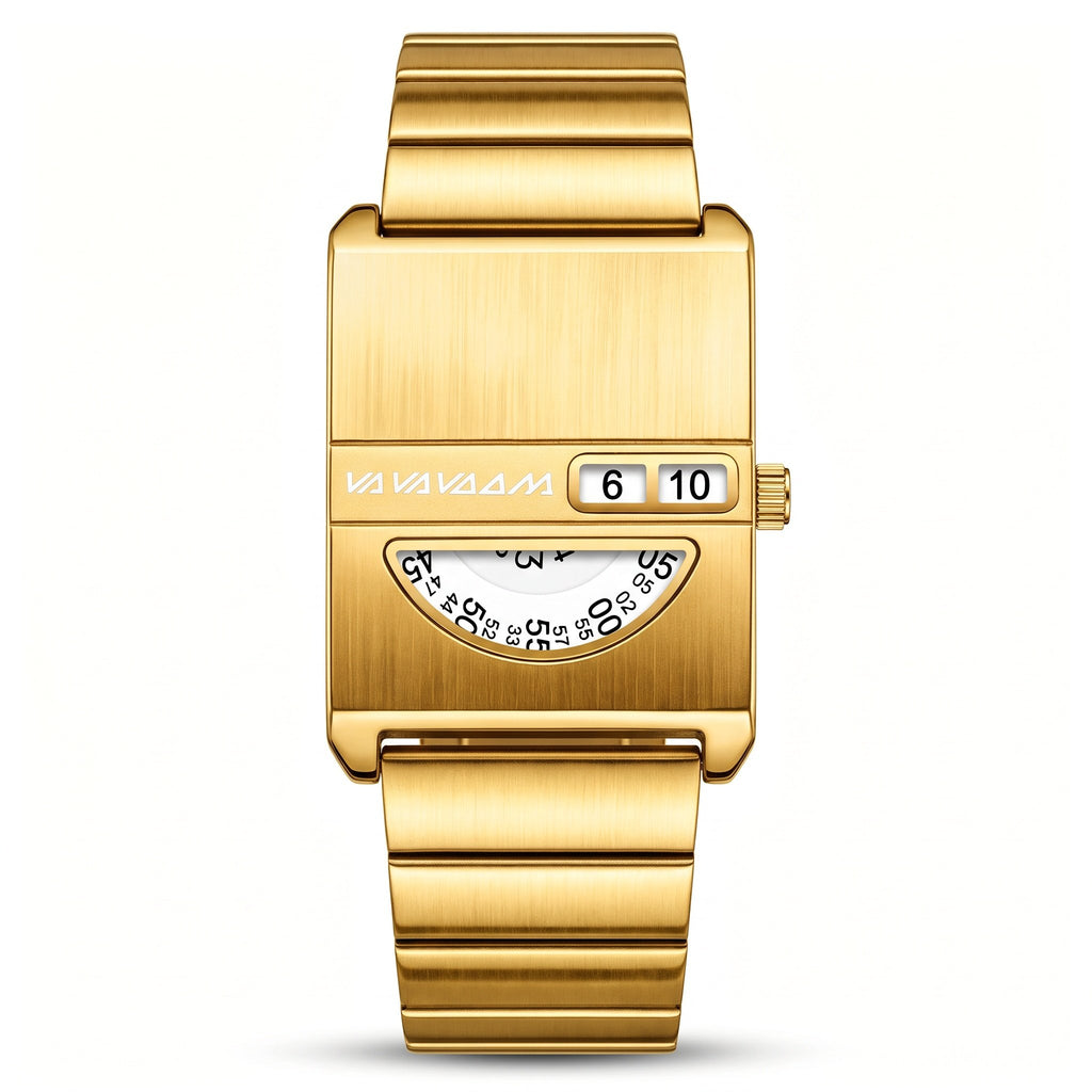 VA VA VOOM No-Hands Square watch in gold, front view on white showing the digit window and numbered disc