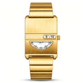 VA VA VOOM No-Hands Square watch in gold, front view on white showing the digit window and numbered disc