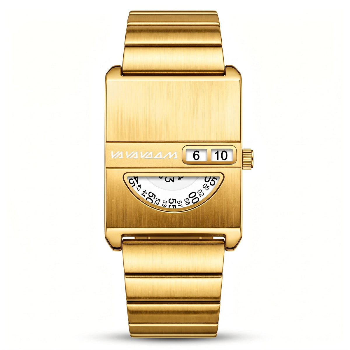 VA VA VOOM No-Hands Square watch in gold, front view on white showing the digit window and numbered disc