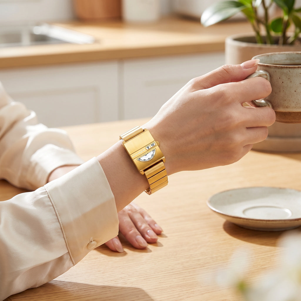 VA VA VOOM No-Hands Square watch in gold worn on the wrist while holding a coffee cup at a kitchen table