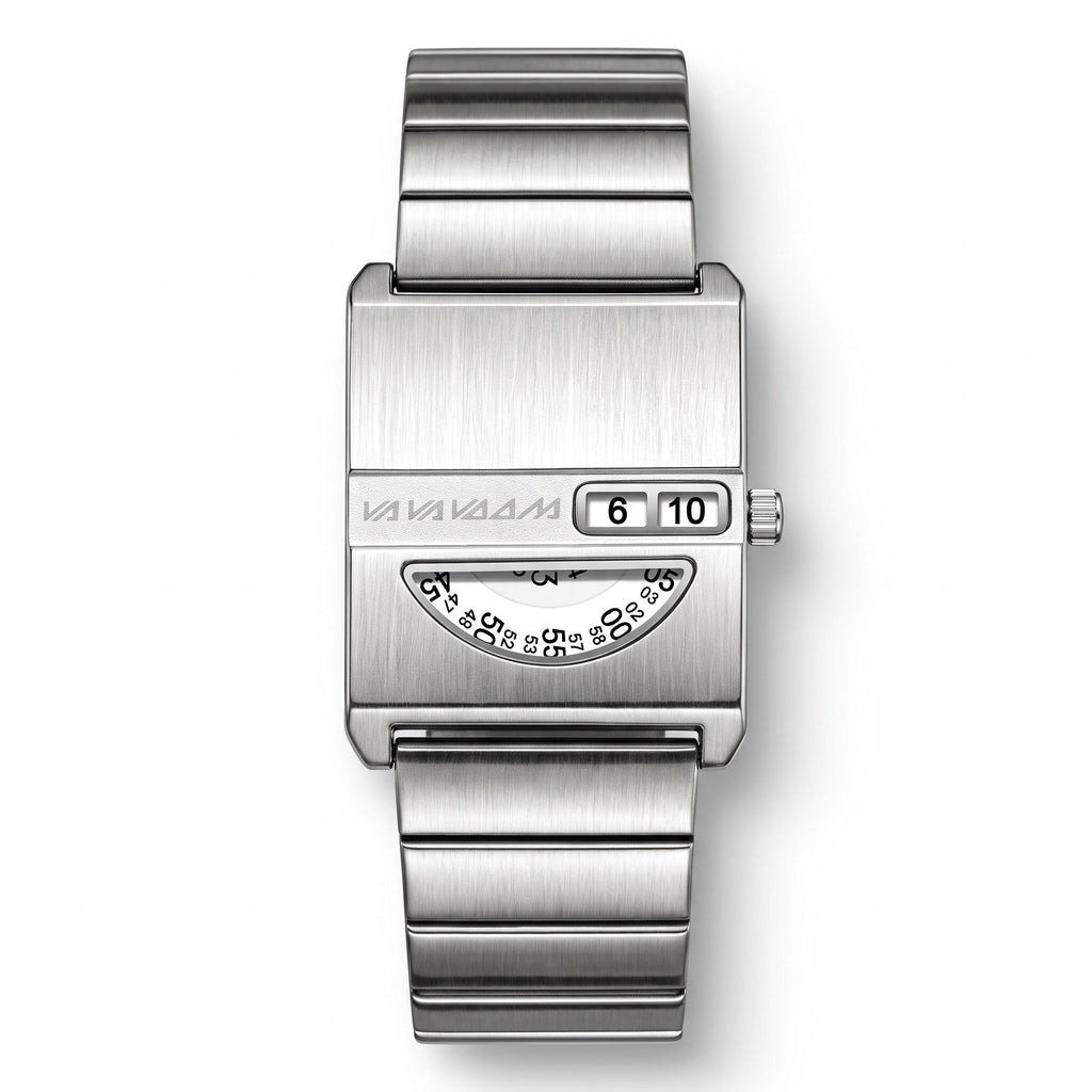 VA VA VOOM No-Hands Square watch in silver, front view on white showing the digit window and numbered disc