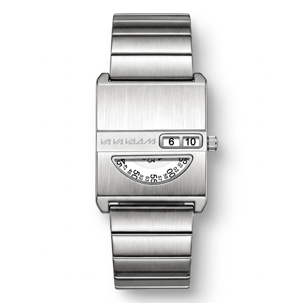 VA VA VOOM No-Hands Square watch in silver, front view on white showing the digit window and numbered disc