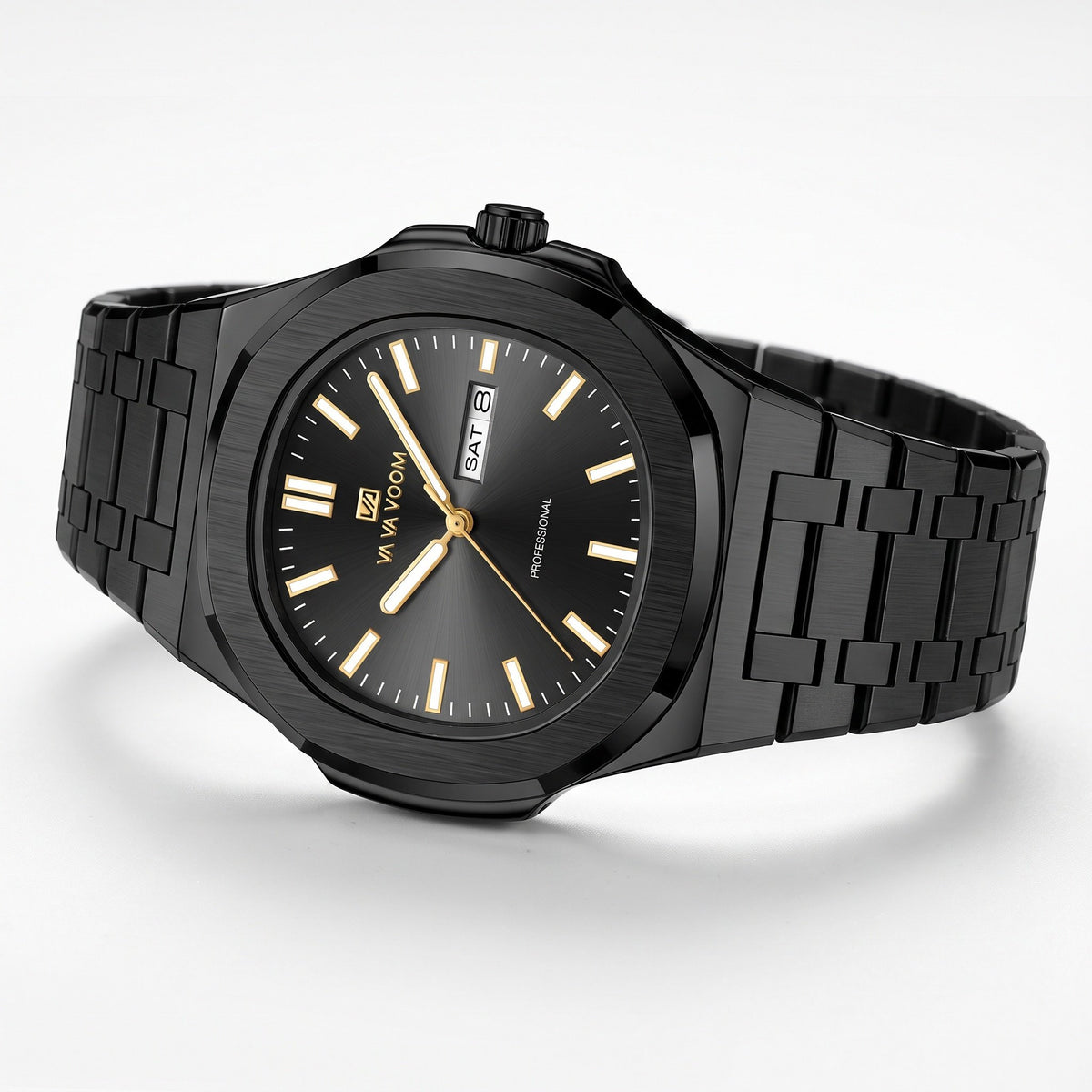 VA VA VOOM Octagonal Day-Date watch, black with gold hands, low side view showing case thickness and crown