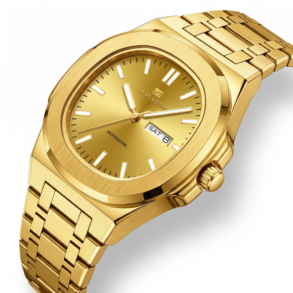 VA VA VOOM Octagonal Day-Date watch in all gold, high three-quarter view showing the dial, case side and crown