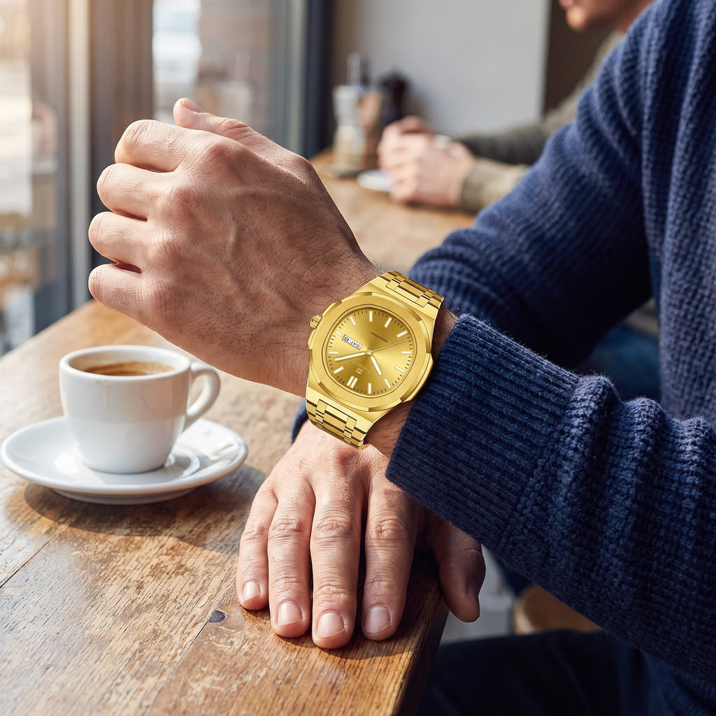 VA VA VOOM Octagonal Day-Date watch in all gold worn on the wrist at a cafe table with an espresso