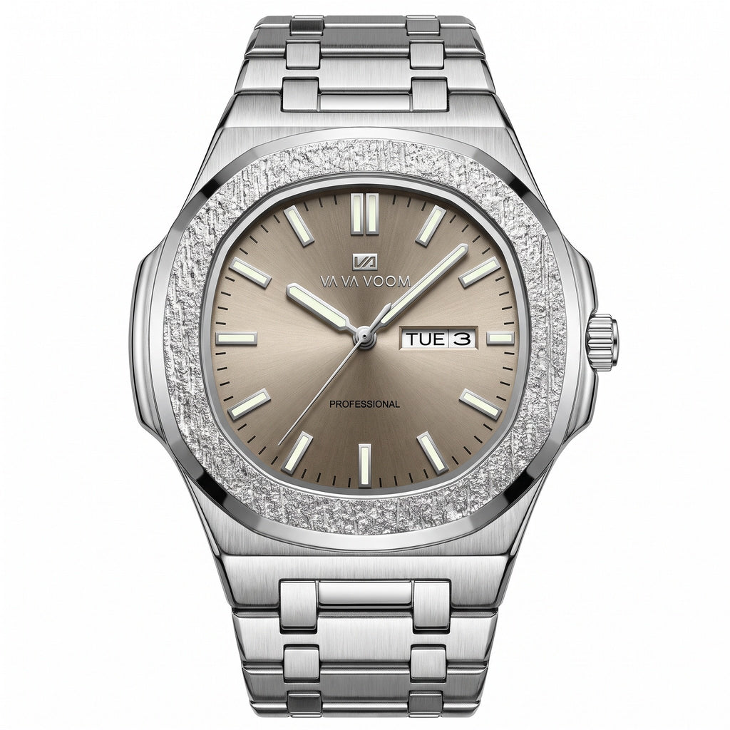 VA VA VOOM Octagonal Day-Date watch, steel with textured bezel and sand dial, front view on white