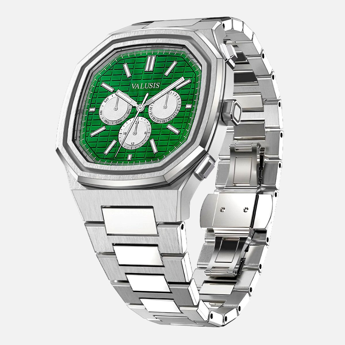 VALUSIS Volt green chronograph automatic watch at an angle showing the steel bracelet and folding clasp