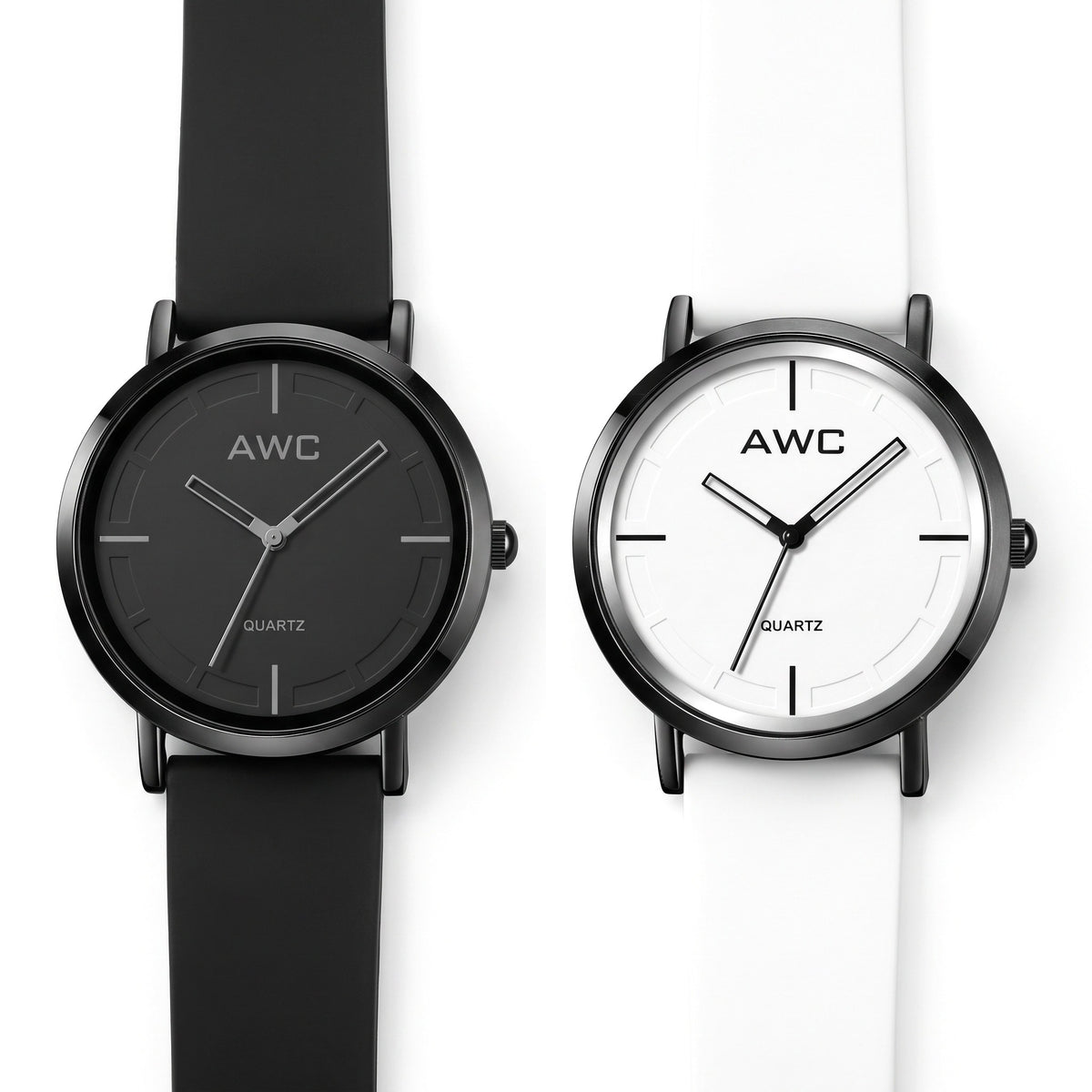 AWC Minimalist Quartz Black + White Pair bundle: black dial on black strap and white dial on white strap, side by side on white