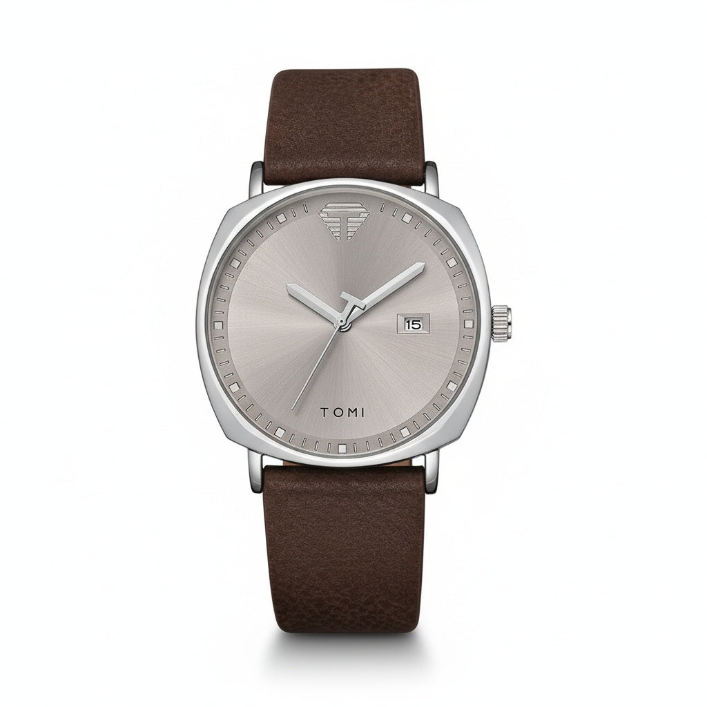 TOMI cushion-case quartz watch, silver case, silver sunburst dial, brown leather strap