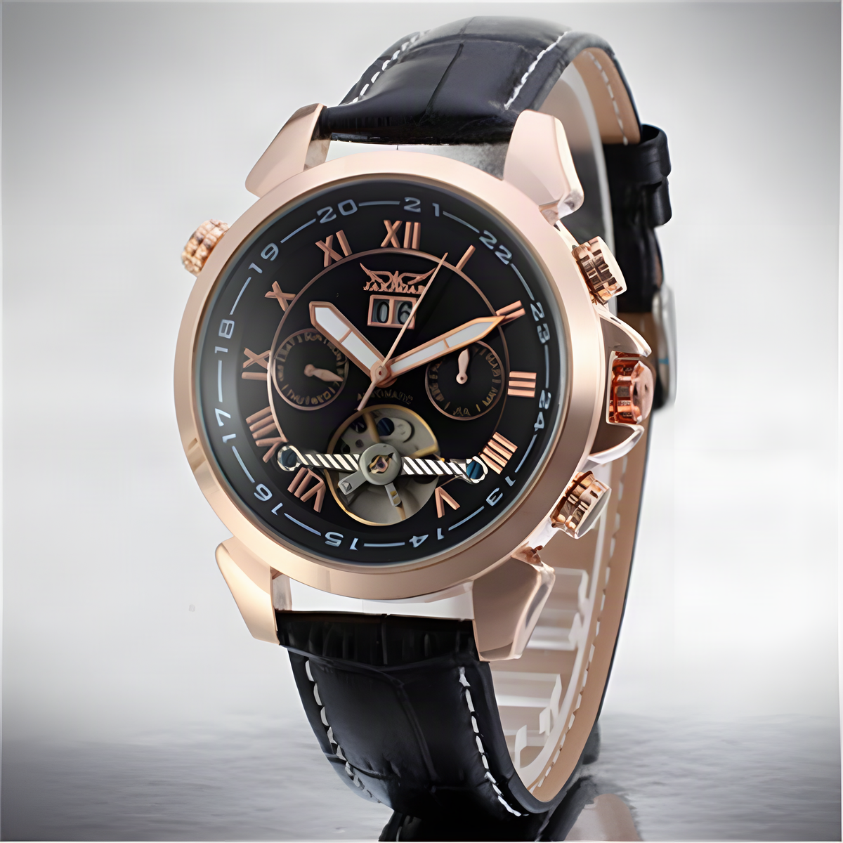 JARAGAR automatic open-heart watch, black dial and rose gold case