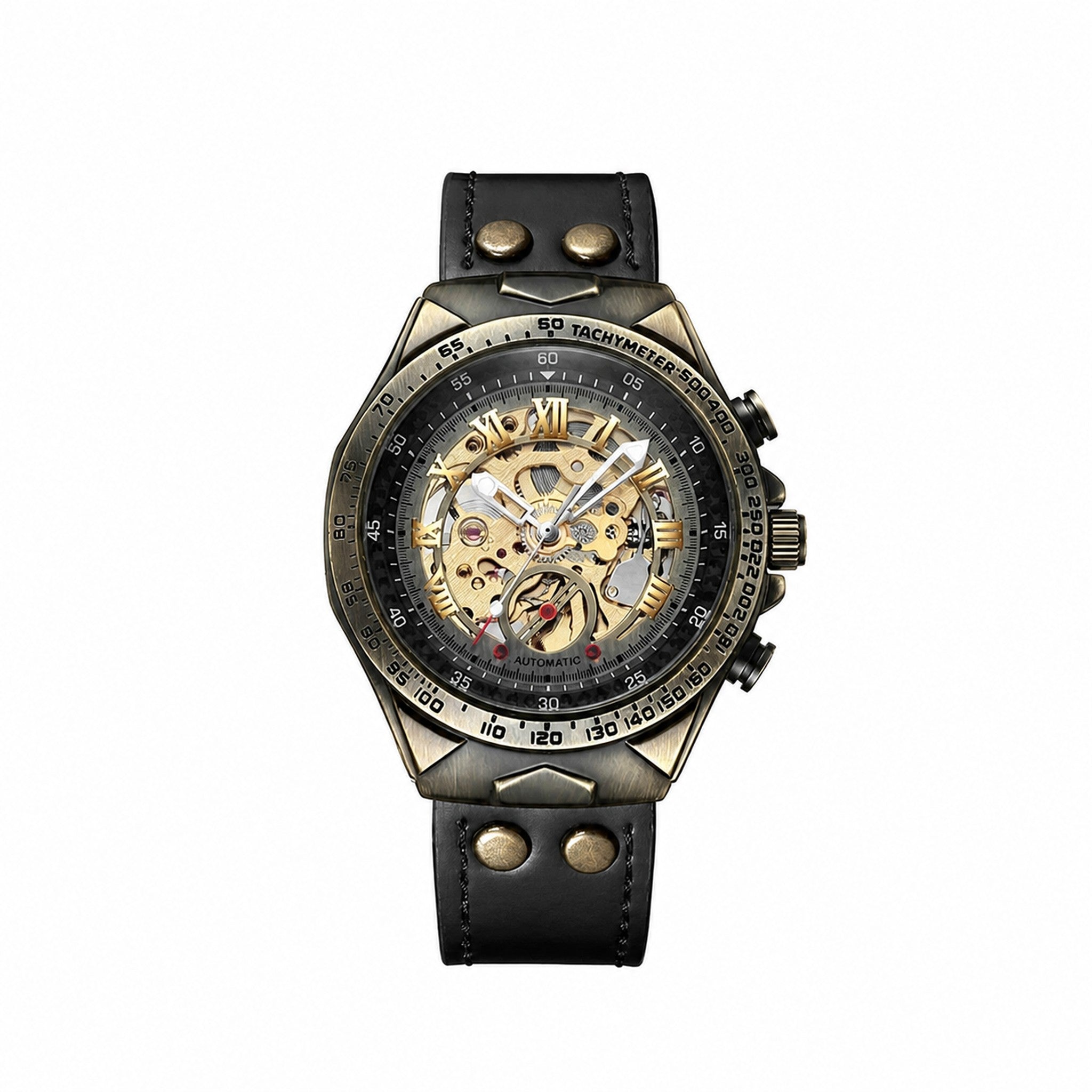BINBOND A275 bronze skeleton watch with Black Leather strap on white