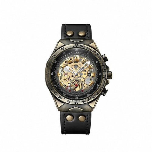BINBOND A275 bronze skeleton watch with Black Leather strap on white