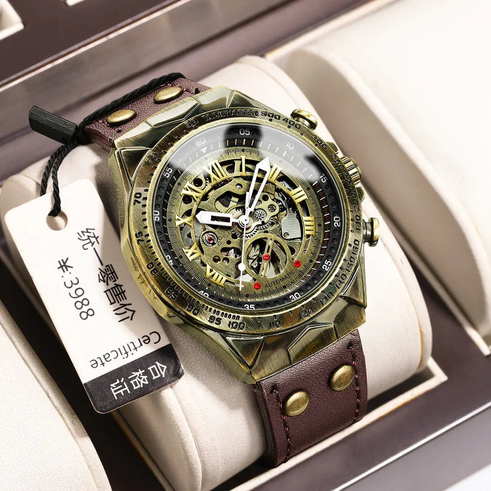 BINBOND A275 bronze skeleton watch with Brown Leather strap